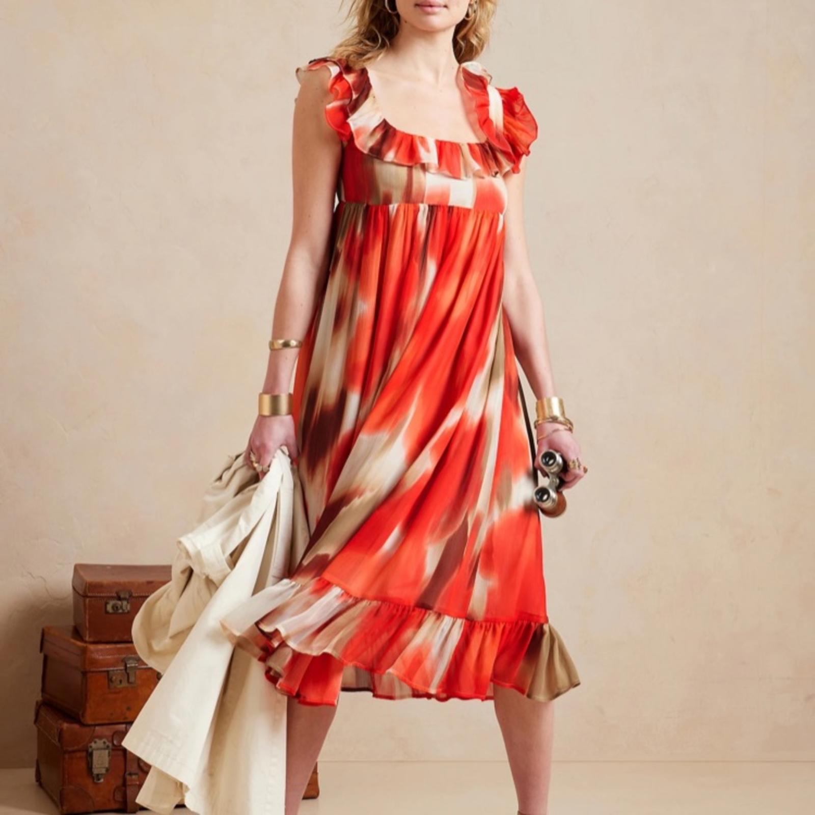 Banana Republic Orange Ruffle Chiffon Maxi Dress Medium Petite