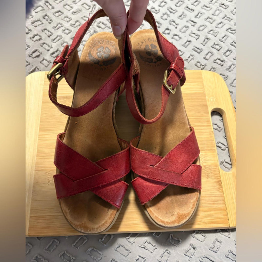 Lucky Brand Red Leather Wedge Sandals Size 7.5