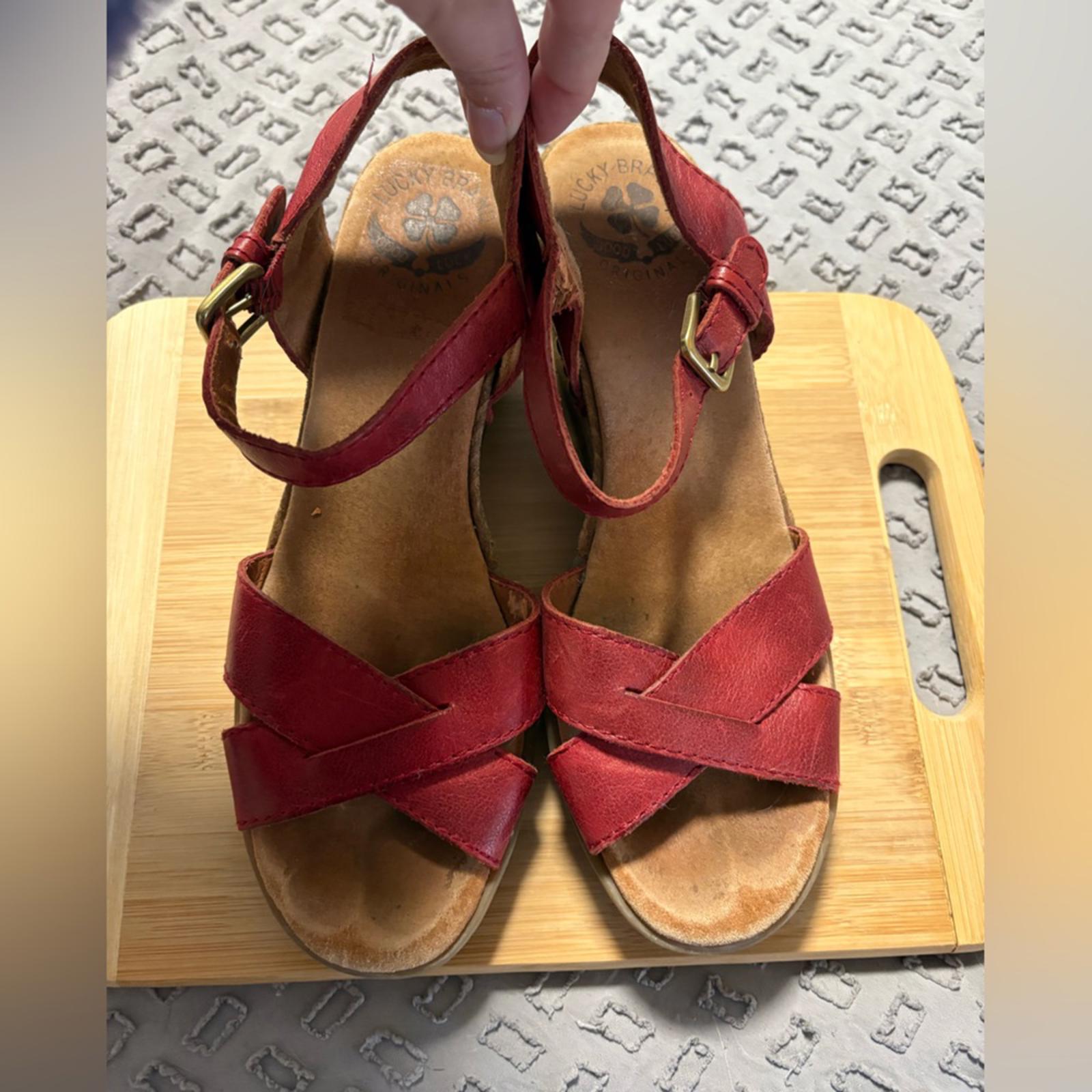 Lucky Brand Red Leather Wedge Sandals Size 7.5